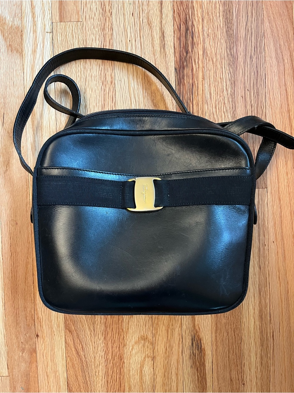 Salvatore Ferragamo Black Leather Crossbody with Gold Buckle Italy